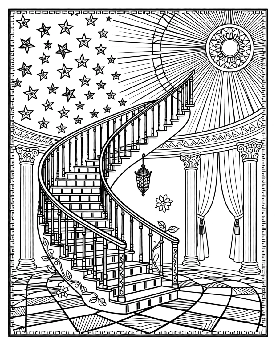A staircase spiraling upward into a burst of light and stars.