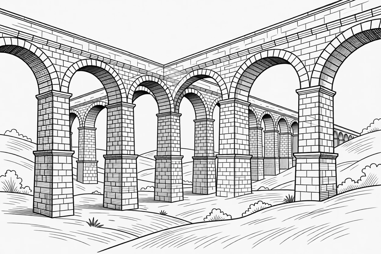 An ancient Roman aqueduct stretching across a landscape
