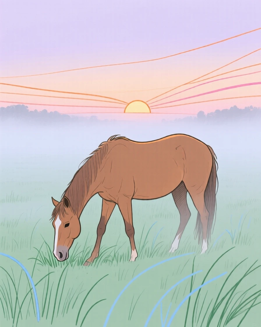 A wild mustang grazing in a misty morning field at sunrise.