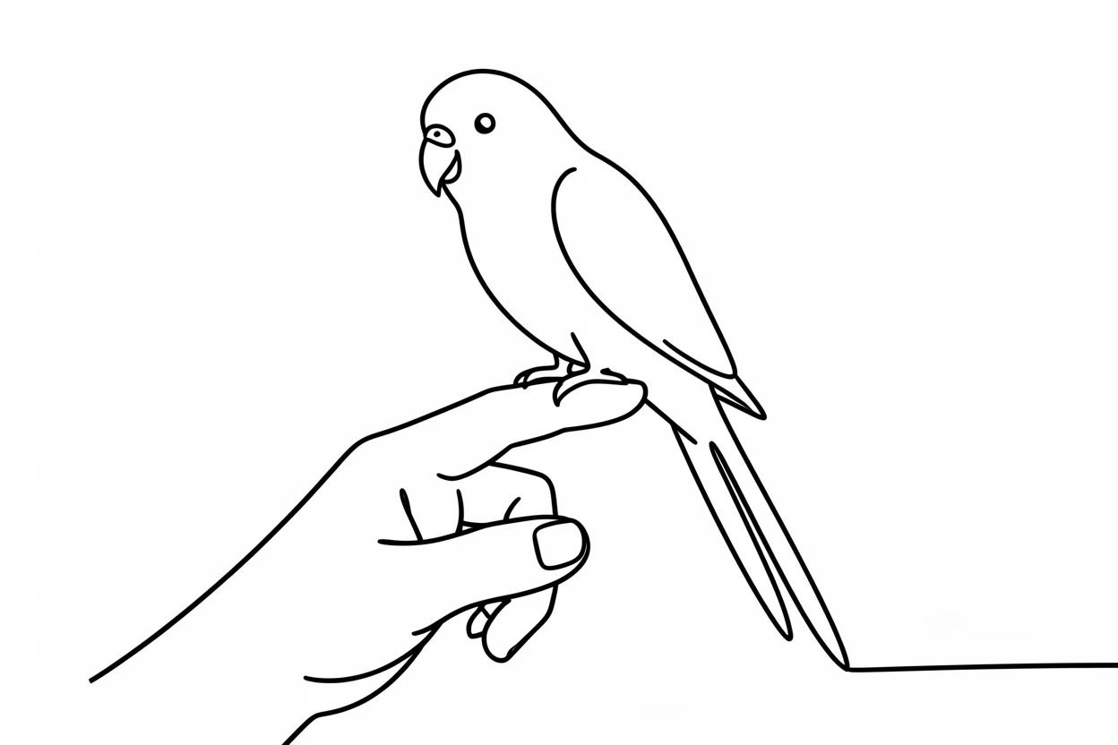 A parakeet perched on its owner's finger, tilting its head curiously