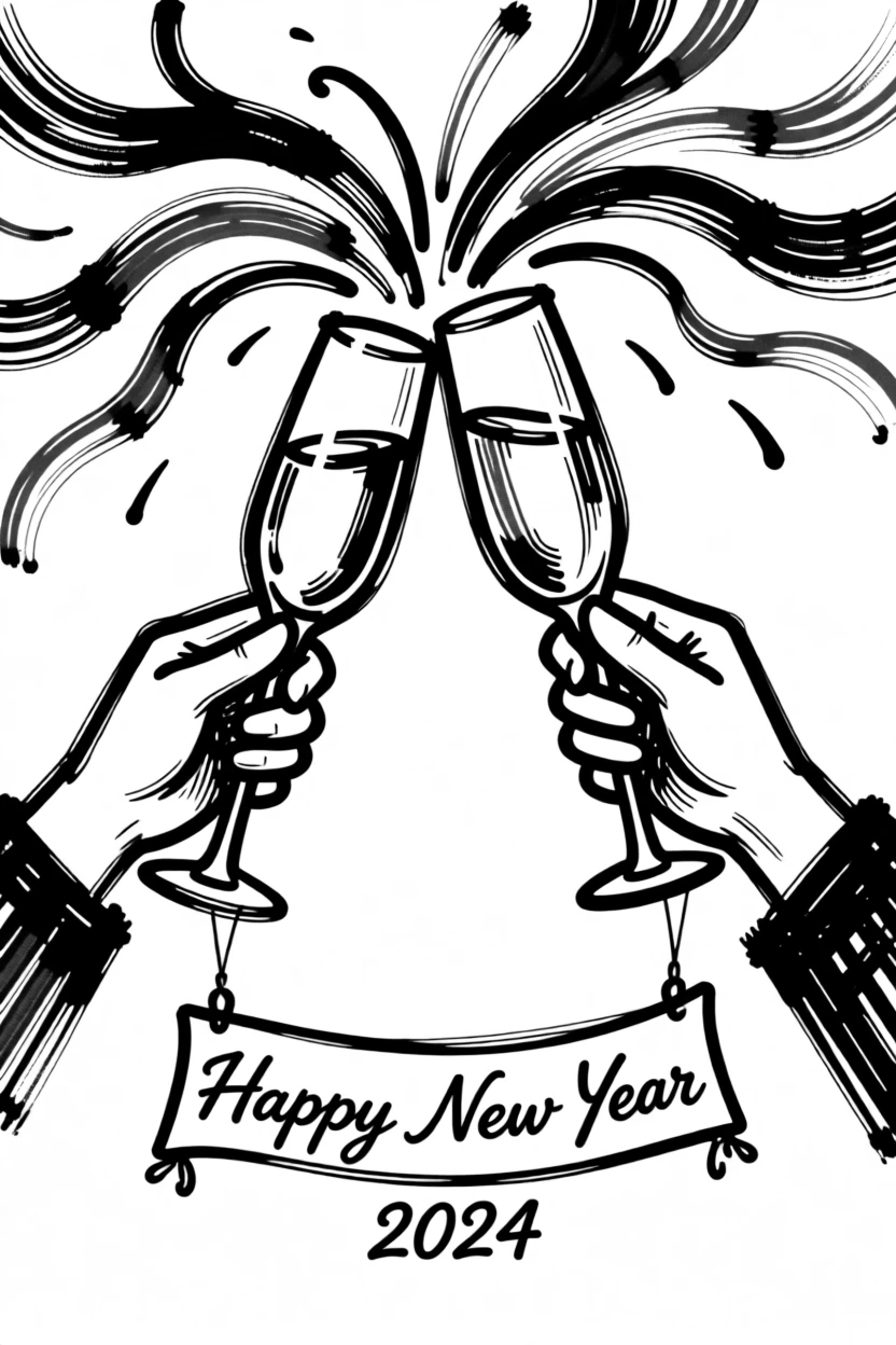 A New Year's toast scene with champagne glasses raised at midnight.