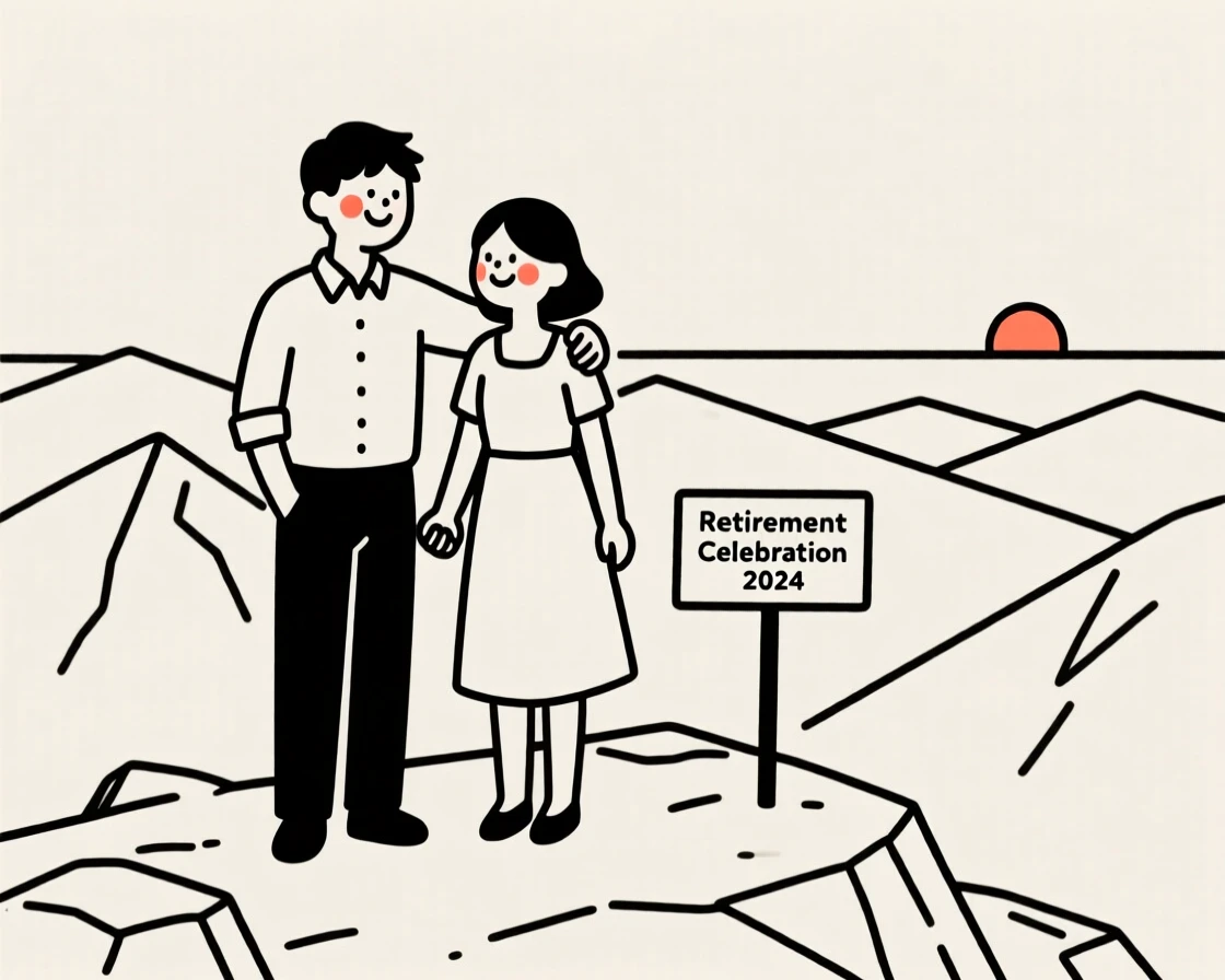 A young couple celebrating a retirement, on a mountaintop overlook.