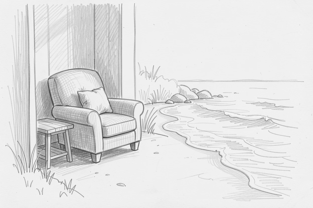 A quiet reading nook bathed in soft light, as calm waves lap quietly at the shore, filled with a profound sense of peace.