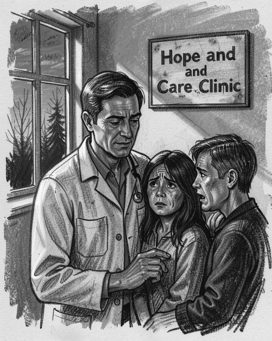 A doctor comforting a patient's worried family, as the last light of day fades to dusk.
