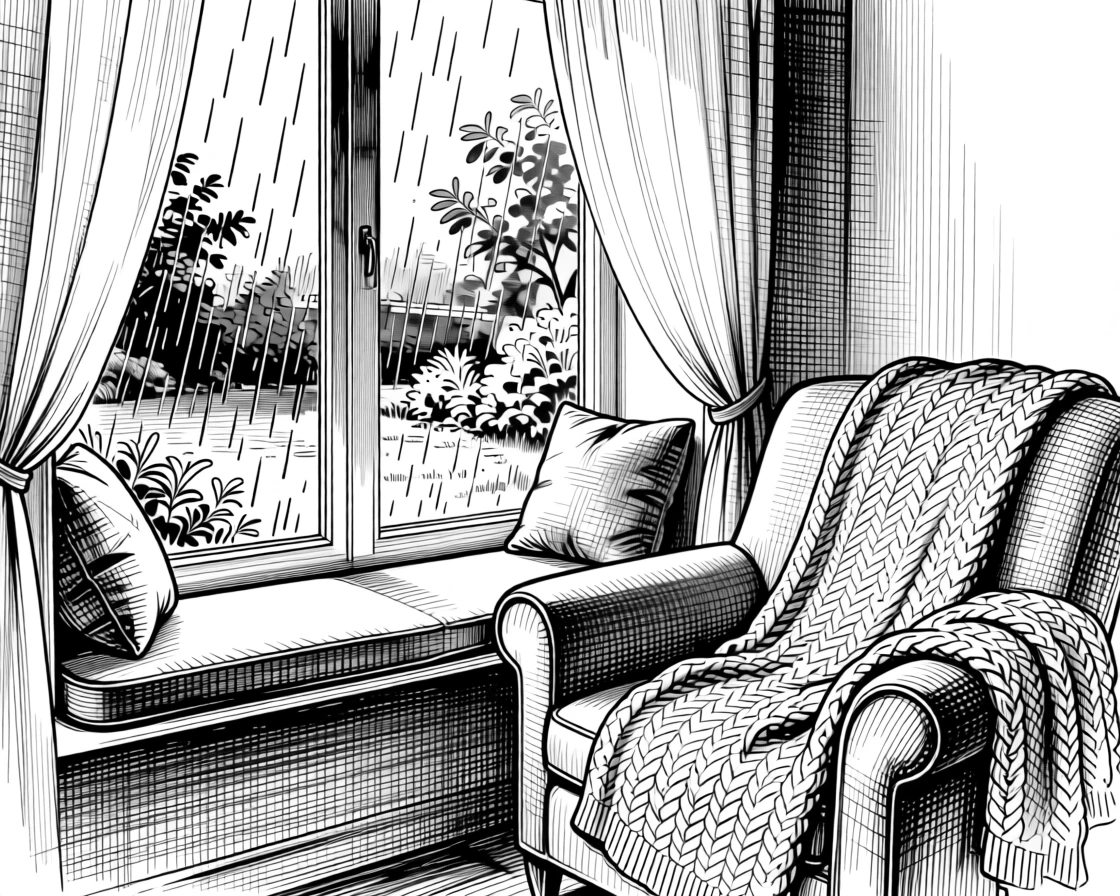 A window seat overlooking a rain-streaked garden as morning light filters through gauzy curtains, with a soft knitted throw draped over the arm of a chair, evoking a quietly hopeful sense of calm.