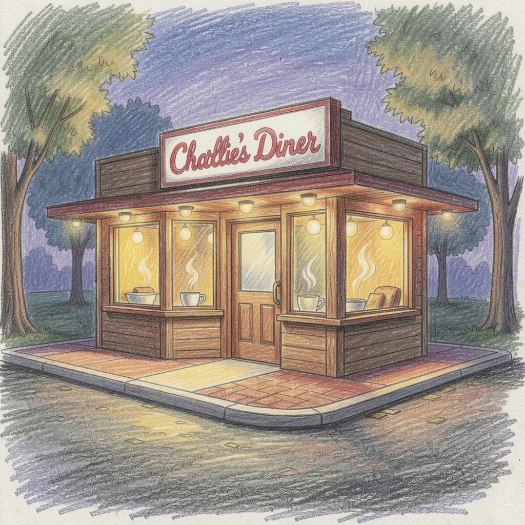 A small-town diner glowing warmly on a quiet night street, framed thoughtfully to draw the eye toward the central subject, celebrating a moment people would love to revisit.