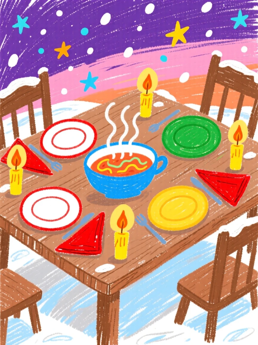 A table set for a festive dinner surrounded by falling snow at dusk.