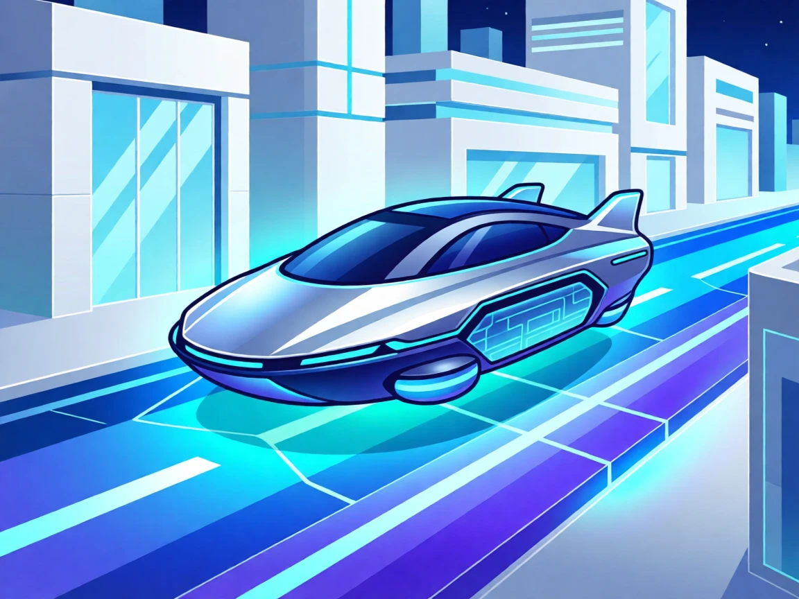 A futuristic hovercraft gliding above a glowing city street, surrounded by clean minimalist architecture, composed with layered depth suggesting advanced technology, with a subtle sense of wonder about future possibilities.
