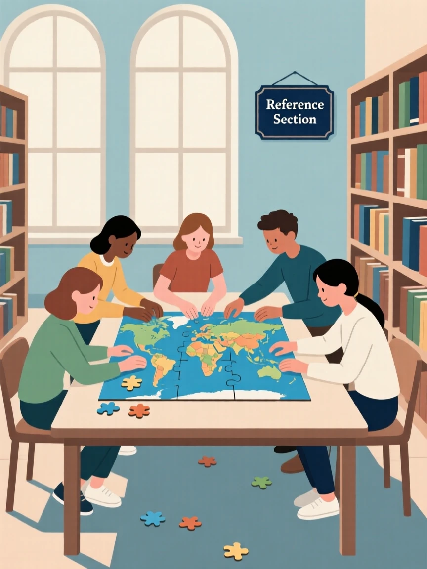 A group of students assembling a puzzle map in a library reading room.