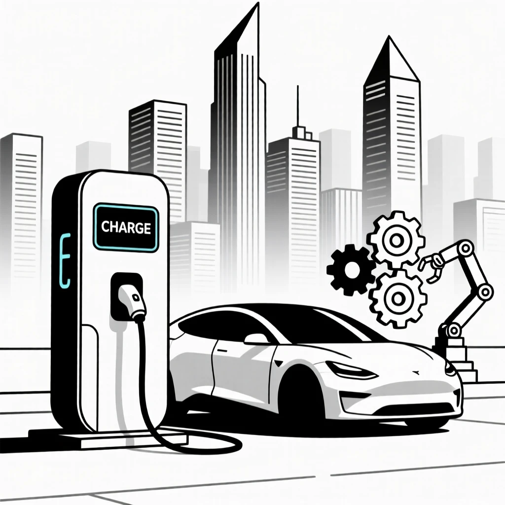 A view of electric car charging station operating within a futuristic city skyline, near precision robotic components, evoking quiet efficiency.