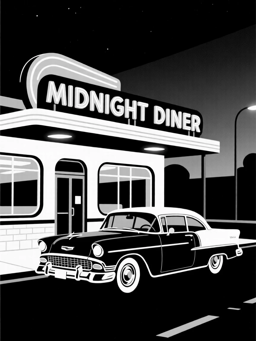 A classic car parked in front of a diner at night.