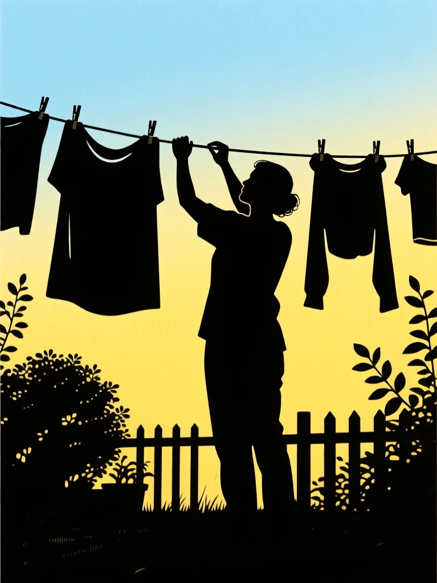 A person hanging freshly washed laundry on a line in a sunny backyard.