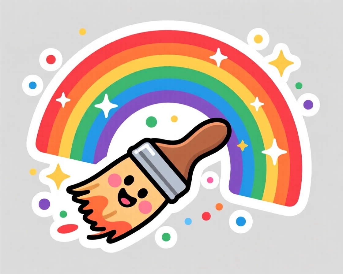 A cheerful and encouraging happy cartoon paintbrush painting a rainbow, surrounded by sparkles of curiosity, bringing a smile to young learners.