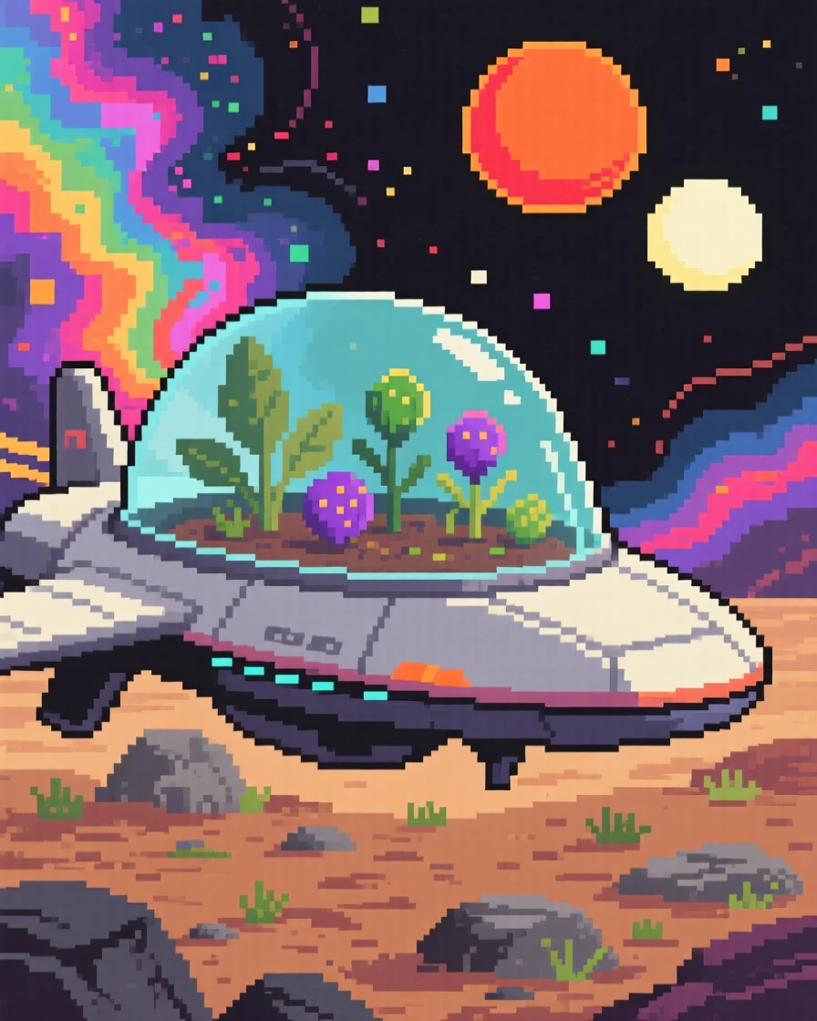 A spacecraft drifting past colorful nebulae planting a small garden inside a glass dome, on an alien world with two suns.