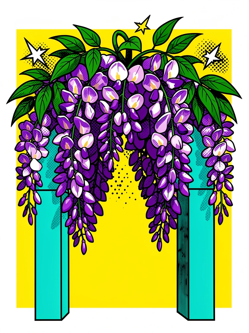 A wisteria-covered archway dripping with blossoms