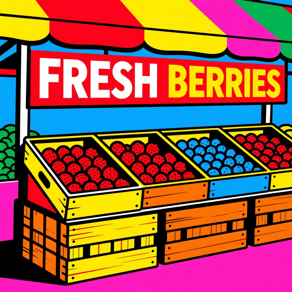 Farmers market berry stand with wooden crates