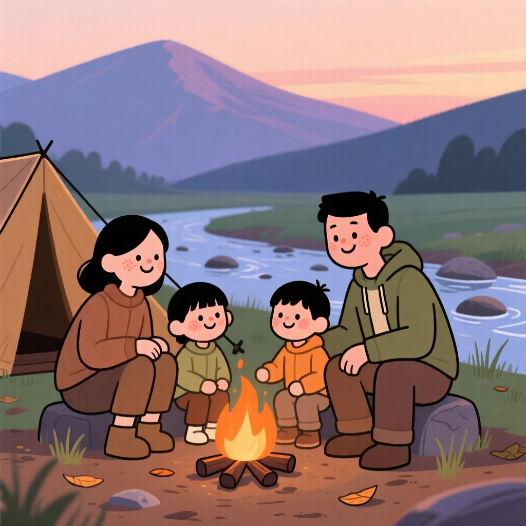 A family sets up camp beside a gentle stream as the last light of day fades behind the mountain ridge, sharing stories around a small fire.