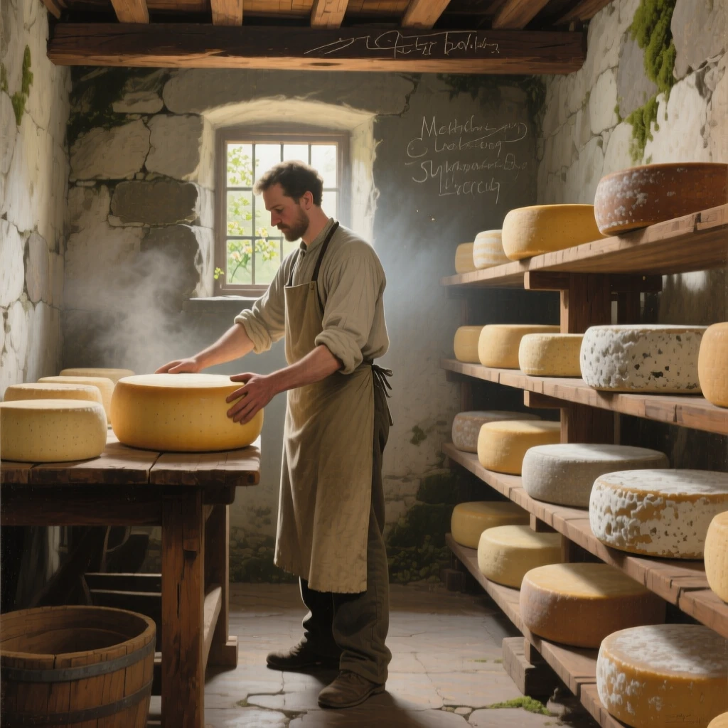 A well-framed scene of a cheesemaker turning wheels of cheese in a cool stone cellar, in late afternoon, in early spring.