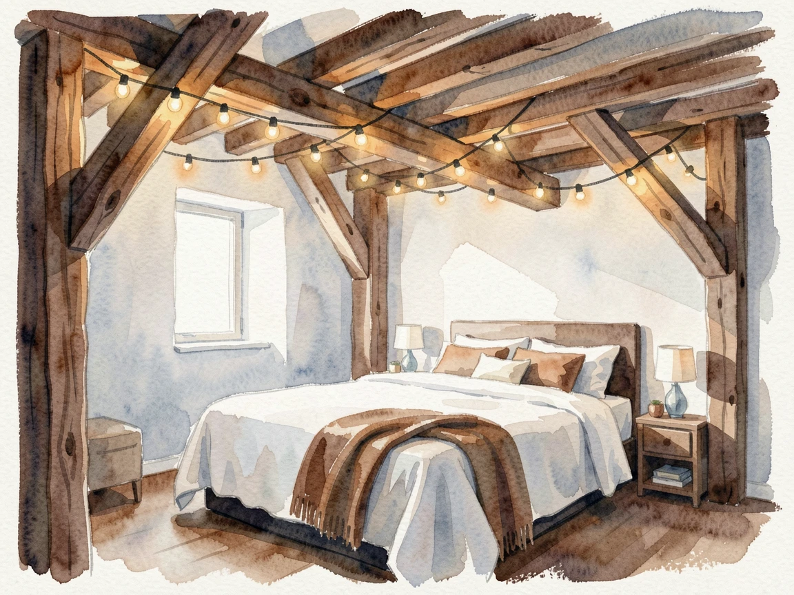 A loft bedroom with exposed wooden beams with warm string lights glowing.