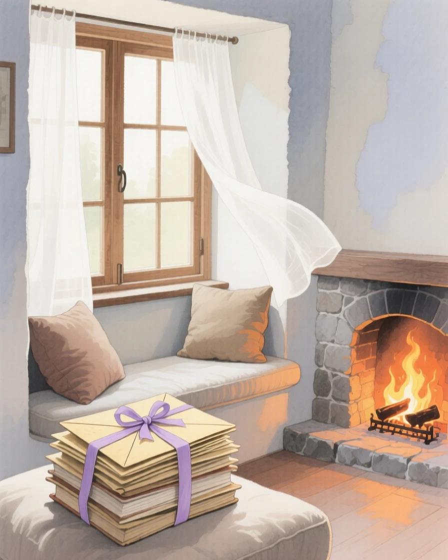 A charming view of a window reading corner, with a fire crackling softly in the hearth, featuring a stack of old letters tied with ribbon