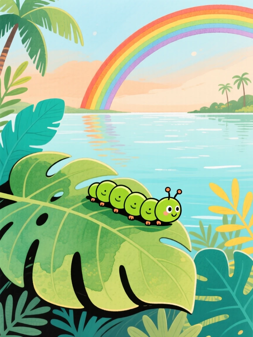 A caterpillar inching along a leaf discovering something new in a tropical lagoon just after a rainbow appears.