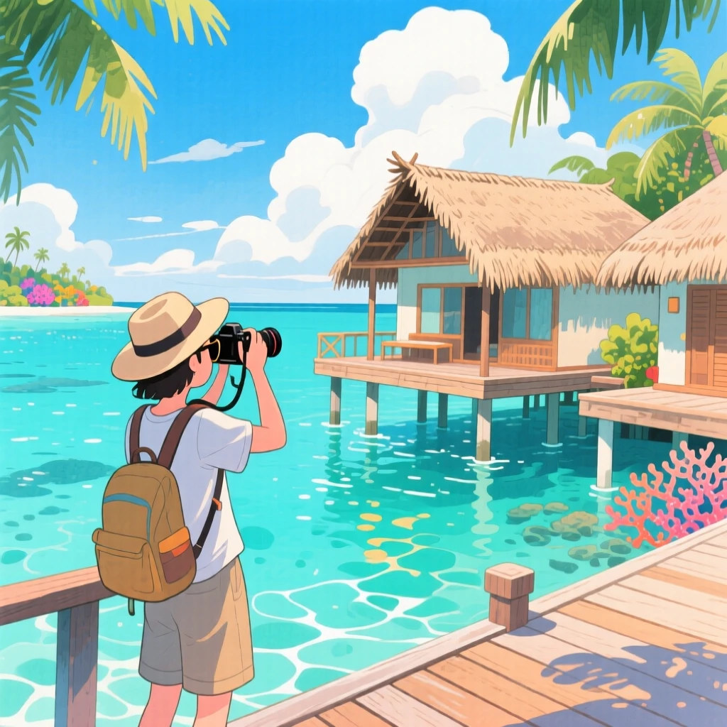A traveler pauses to soak in the view amid the turquoise waters surrounding a Maldives overwater bungalow, capturing the wonder of discovering a new place.