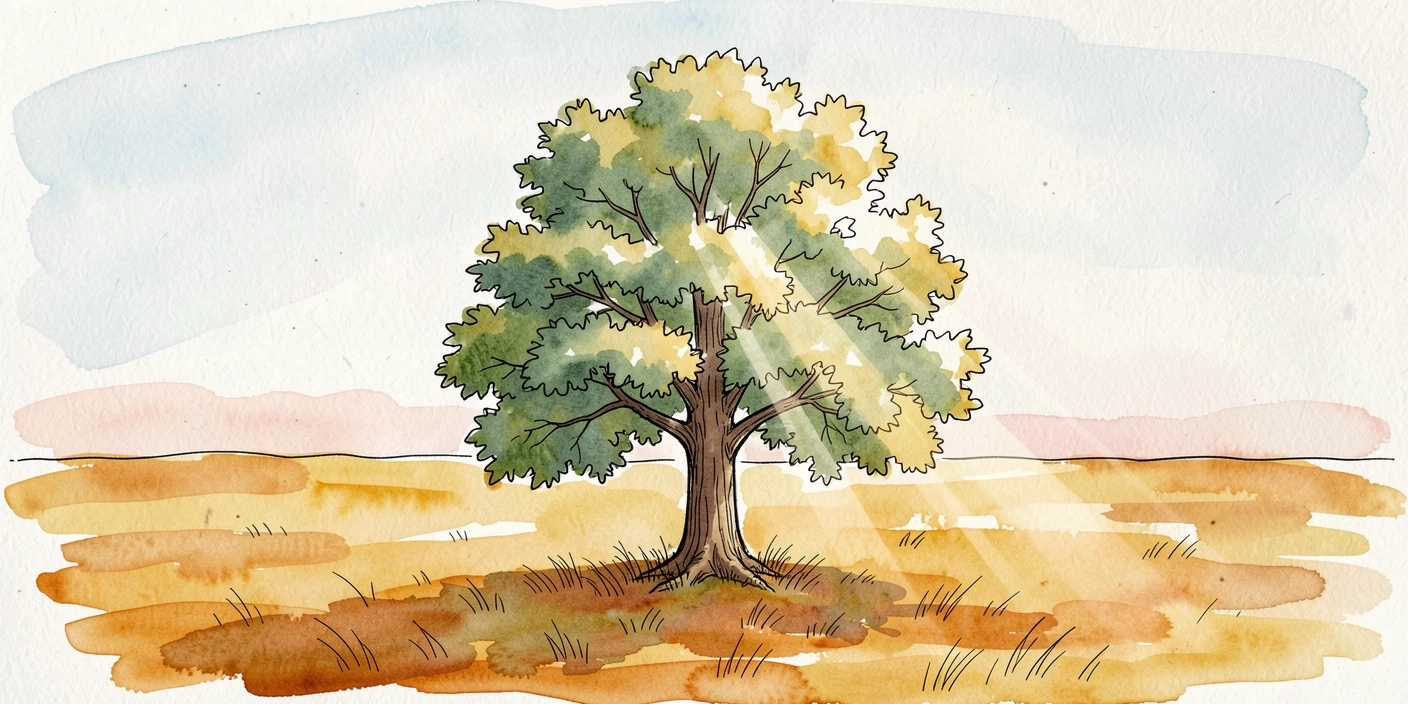 A single tree standing green and full amid a field of autumn gold, soft light breaking through to suggest new beginnings.