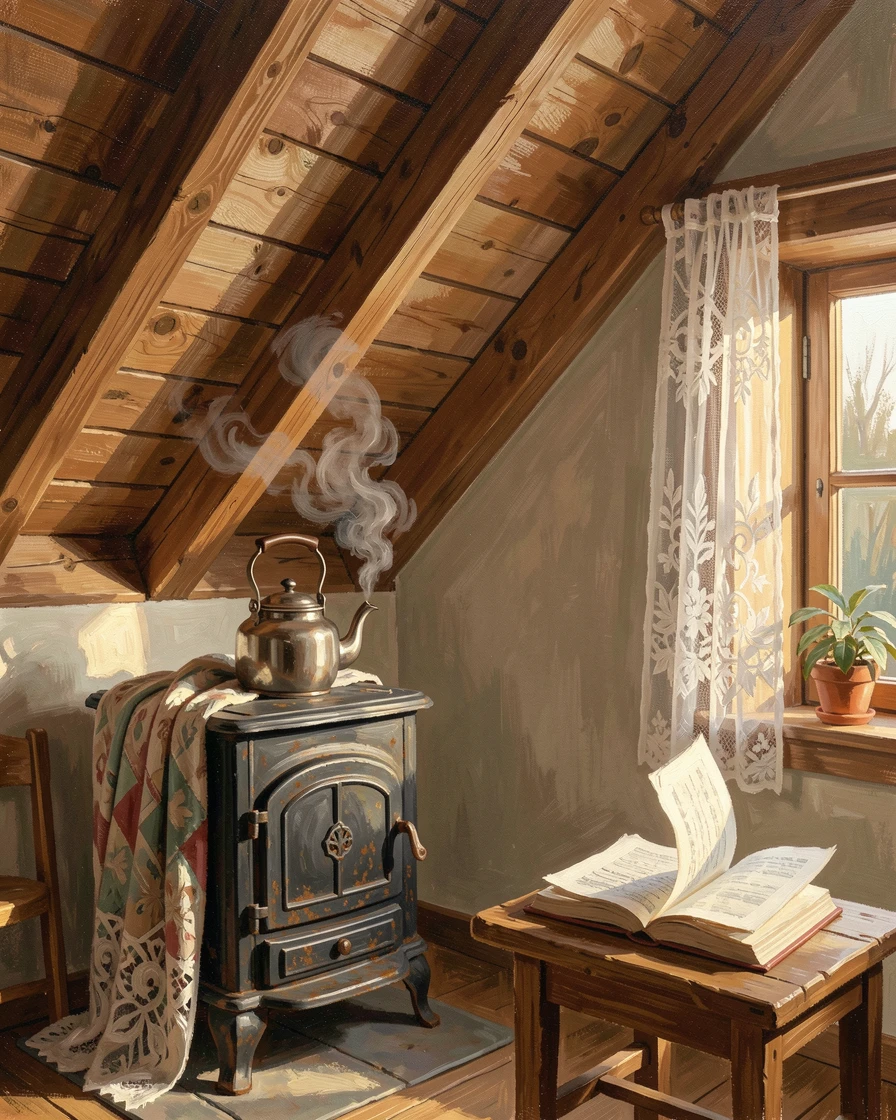 At dawn, the first light spilling through lace curtains, a cozy attic bedroom beneath sloped wooden beams, with a steaming kettle resting on an old iron stove, pages of an open book fluttering in a gentle breeze.
