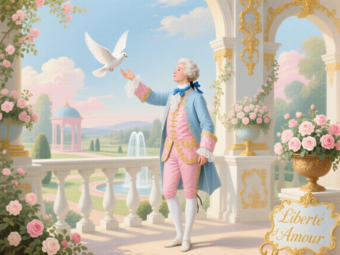 A prince releasing a white dove from a palace terrace  