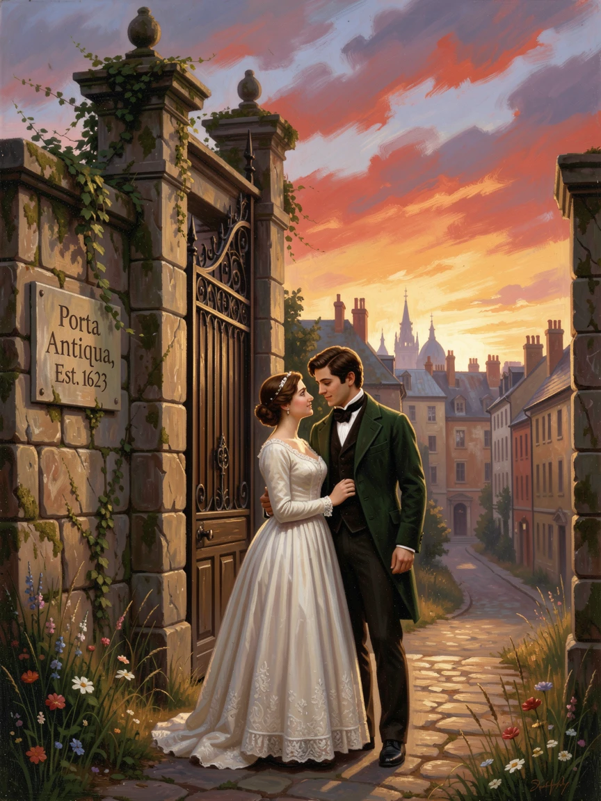 A young couple fills an old city gate as the sun sets behind the skyline.