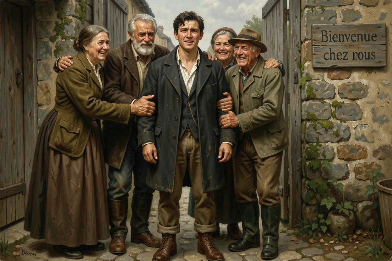A young man returning to his hometown after years away, embraced by old friends, with emotion and triumph radiating clearly from every face, evoking deep emotion and a profound sense of shared humanity