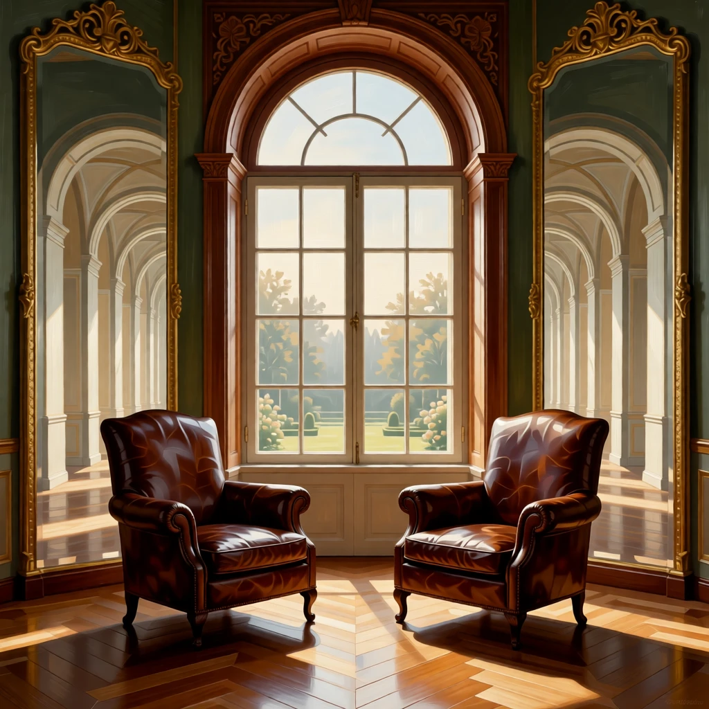 A quiet reading room with leather armchairs beside tall arched windows catching the first light of morning through tall windows, set within a royal residence steeped in history, with tall mirrors reflecting endless corridors of light and shadow; symmetry and repetition of arches create a sense of timeless order, capturing the serene majesty of a space built to inspire awe.