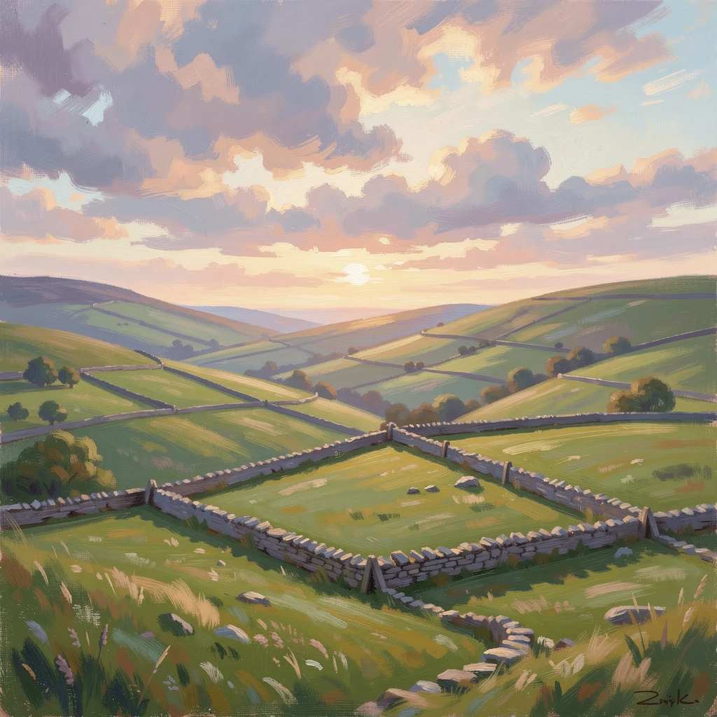 A sweeping view of rolling green hills in Ireland, dry stone walls dividing emerald pastures under a dramatic sky, as the first light of dawn breaks, conveying a feeling of romance and tranquility.