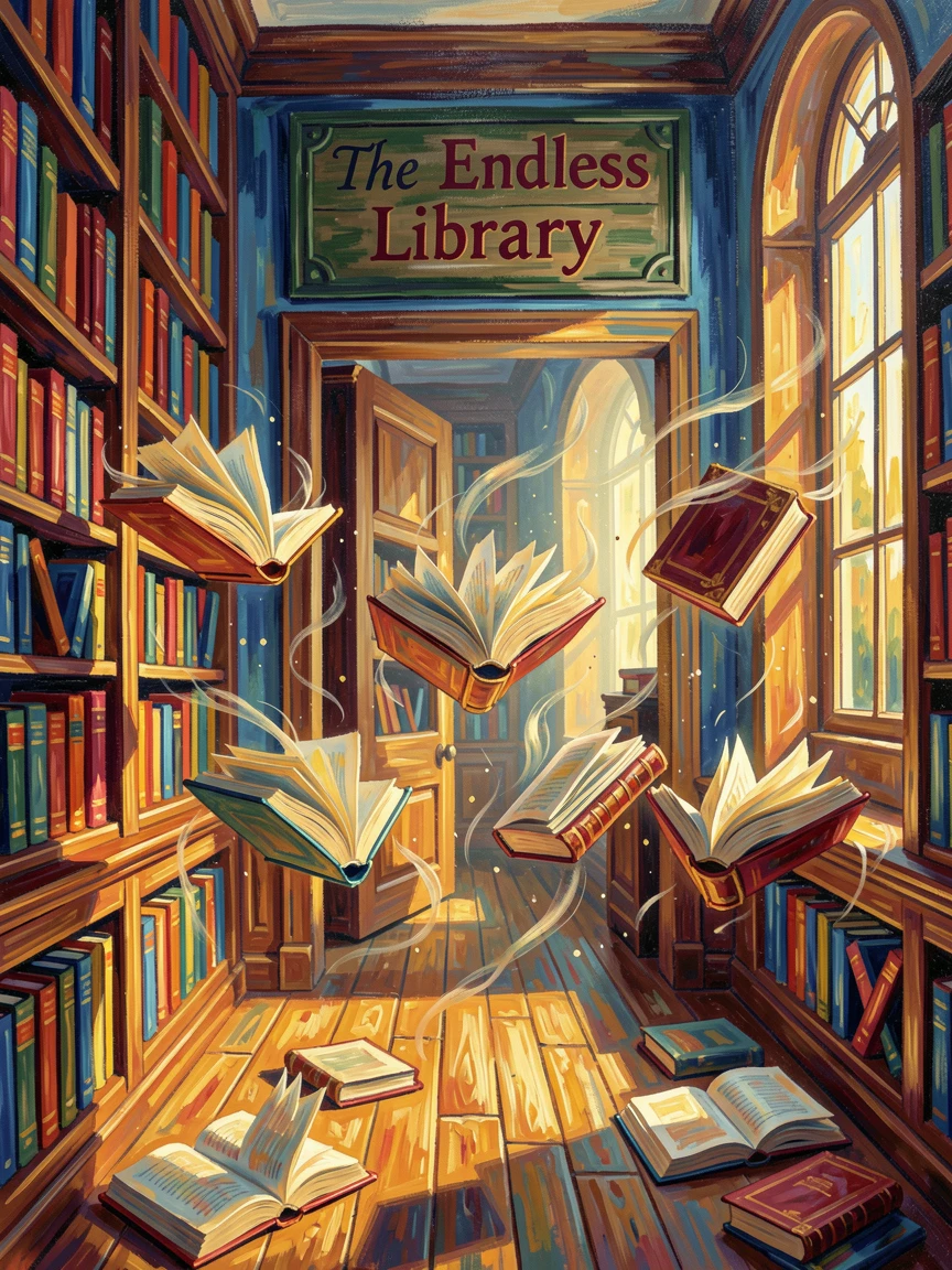 A library whose books float freely through the air, pages turning themselves.