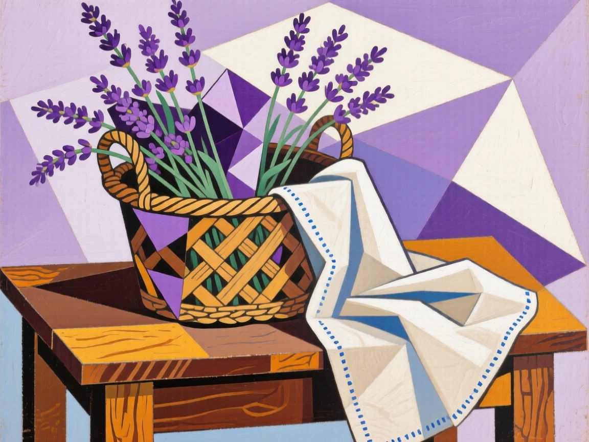 An elegant still life featuring a woven basket of lavender on a rustic wooden table beside a linen cloth.