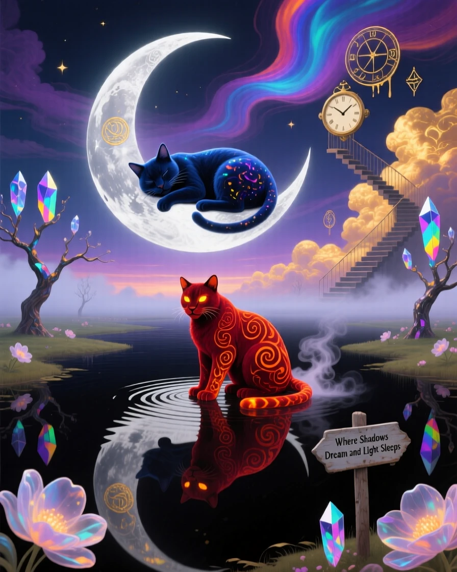 A cat curled asleep on a floating crescent moon moves gracefully through a hushed, dreamlike landscape, as its reflection shows a slightly different creature entirely.