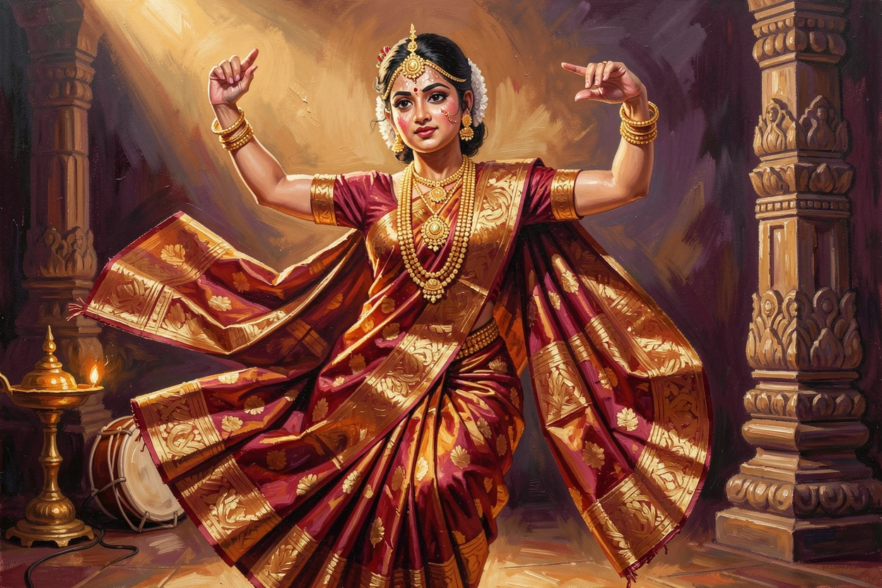 A traditional Indian classical dancer performs an intricate Bharatanatyam pose, elaborate jewelry and vivid silk catching stage lighting, small cultural details woven throughout the scene, grounding it in a specific time and place.