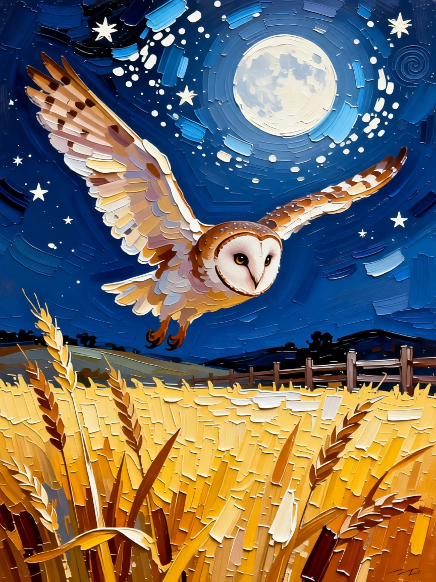 A barn owl swooping silently over a moonlit hay field