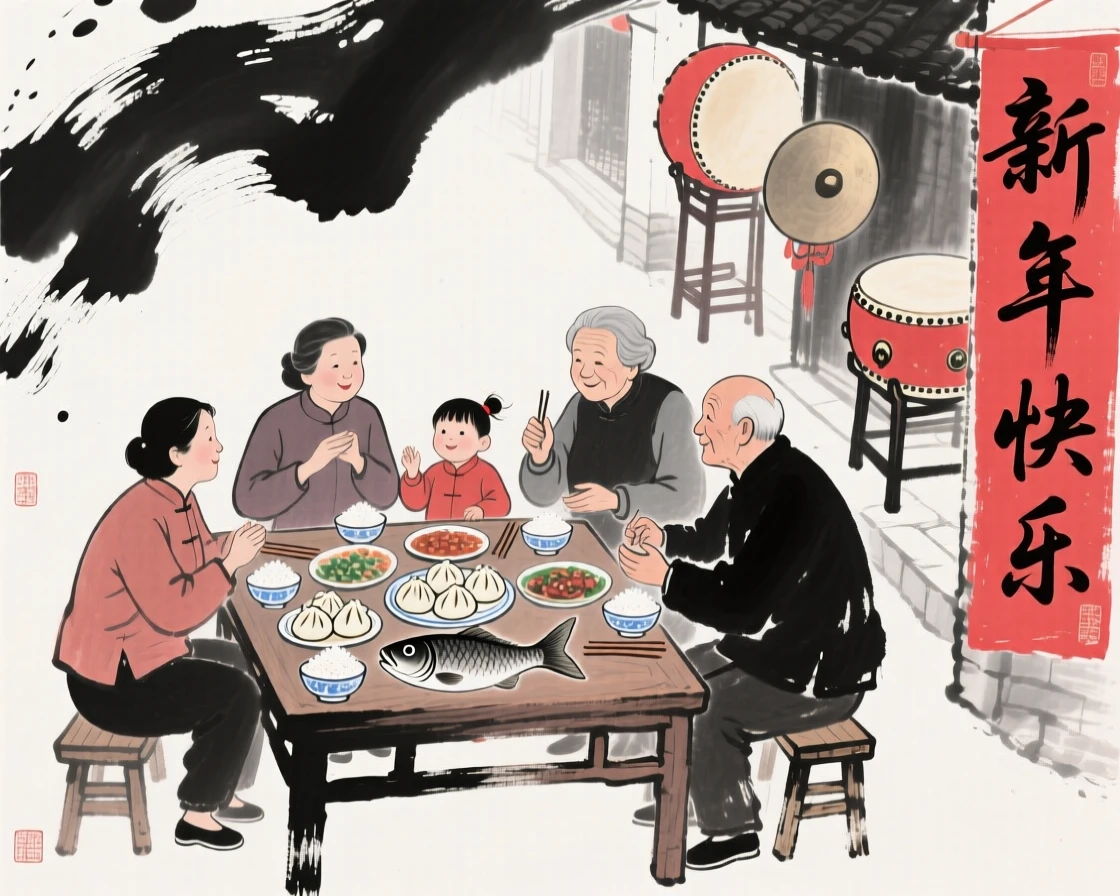 A family gathers around a table laden with food for a New Year feast, with drums and cymbals sounding through the streets.