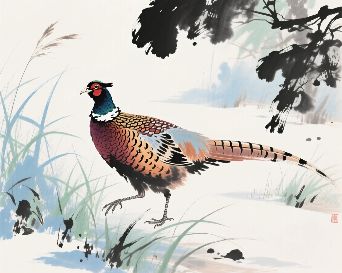 A pheasant with brilliant plumage stepping through tall grass, in the mild days of early winter, conveying a deep sense of harmony with nature.