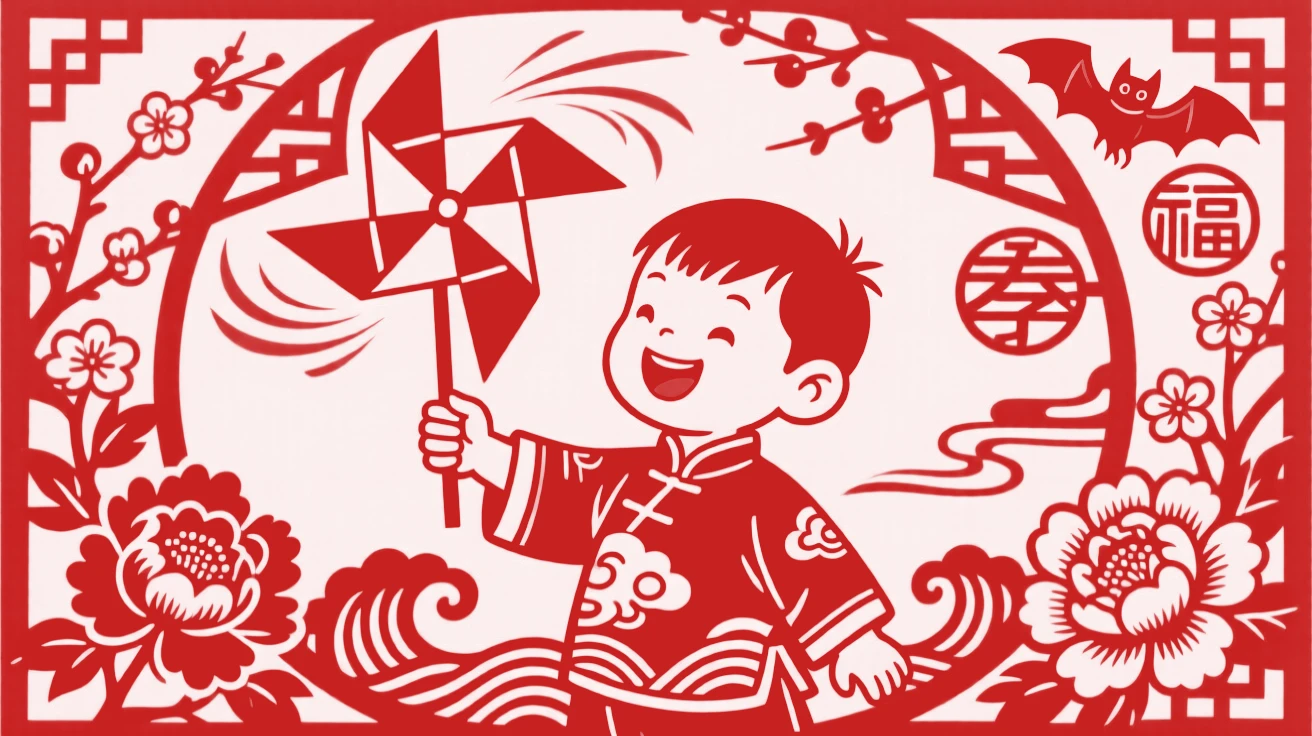 A boy proudly showing off a paper windmill he just made, colors spinning brightly in the sun