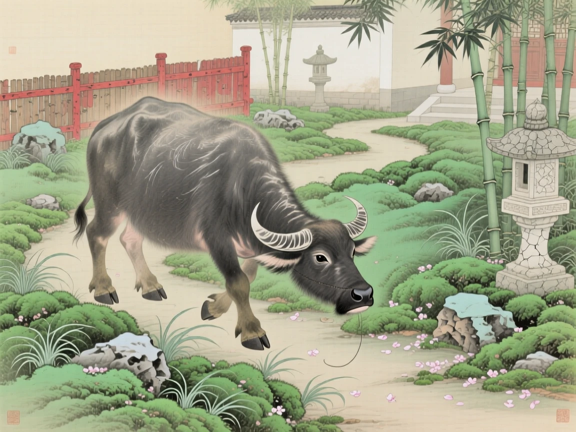 A water buffalo exploring a moss-covered garden path