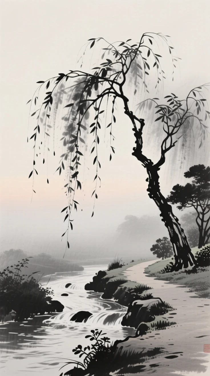 A weeping willow beside a stream beside a quiet garden path, set against a soft gradient of misty background, celebrating the fleeting beauty of the season.