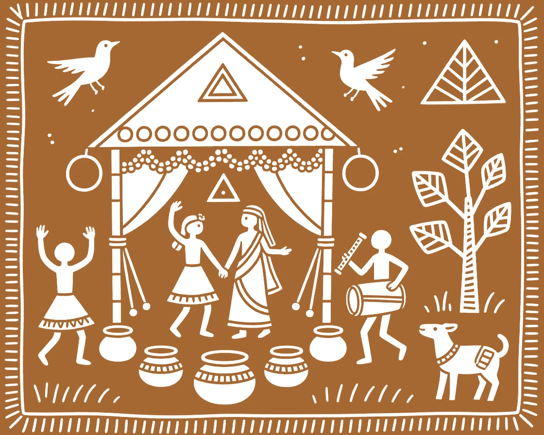 A composition centered on a wedding canopy decorated with garlands and ceremonial pots.