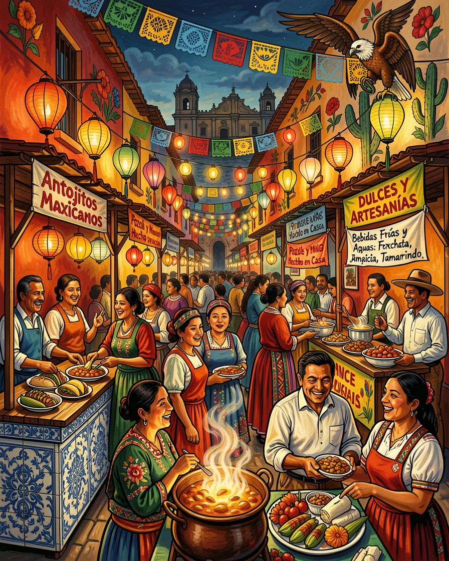 A busy night market glowing with lanterns and food stalls