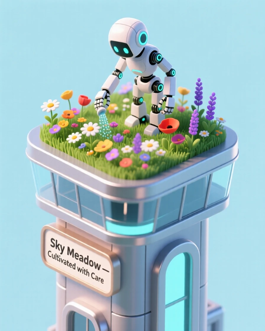 A robotic gardener cultivating a rooftop meadow of wildflowers atop a gleaming futuristic tower.