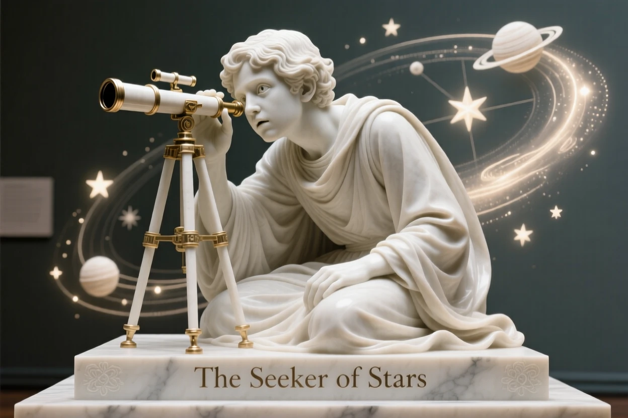 A vivid, emotionally rich scene of a young astronomer gazing through a telescope, surrounded by soft, glowing light, designed to captivate and inspire