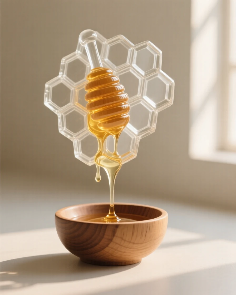 A honeycomb dripping slowly into a small wooden bowl, as morning light streams across the table