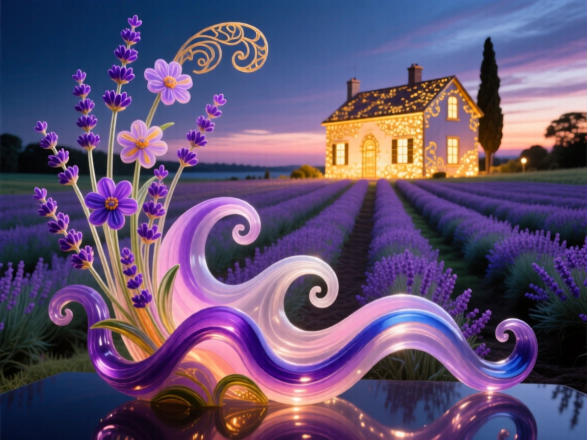 A field of blooming lavender rows leading toward a glowing farmhouse at the height of dusk, calming and picturesque.