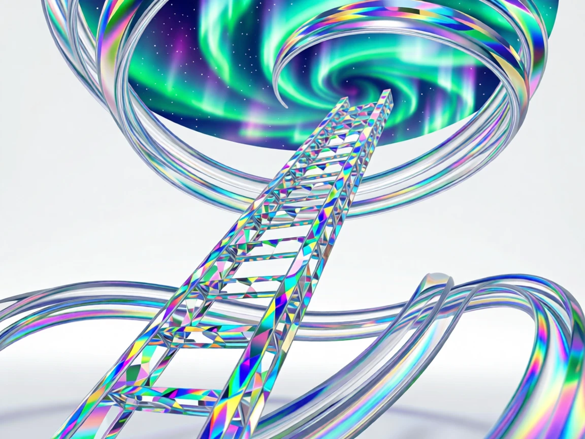 A surreal ladder ascending into a swirling aurora-filled sky.